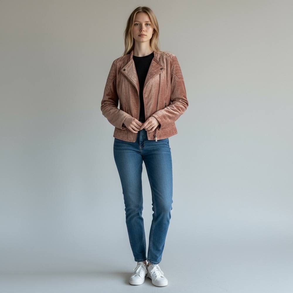 Westport 1962 Womens‎ L Pink Velvet Moto Jacket Full Zip Quilted Shoulder